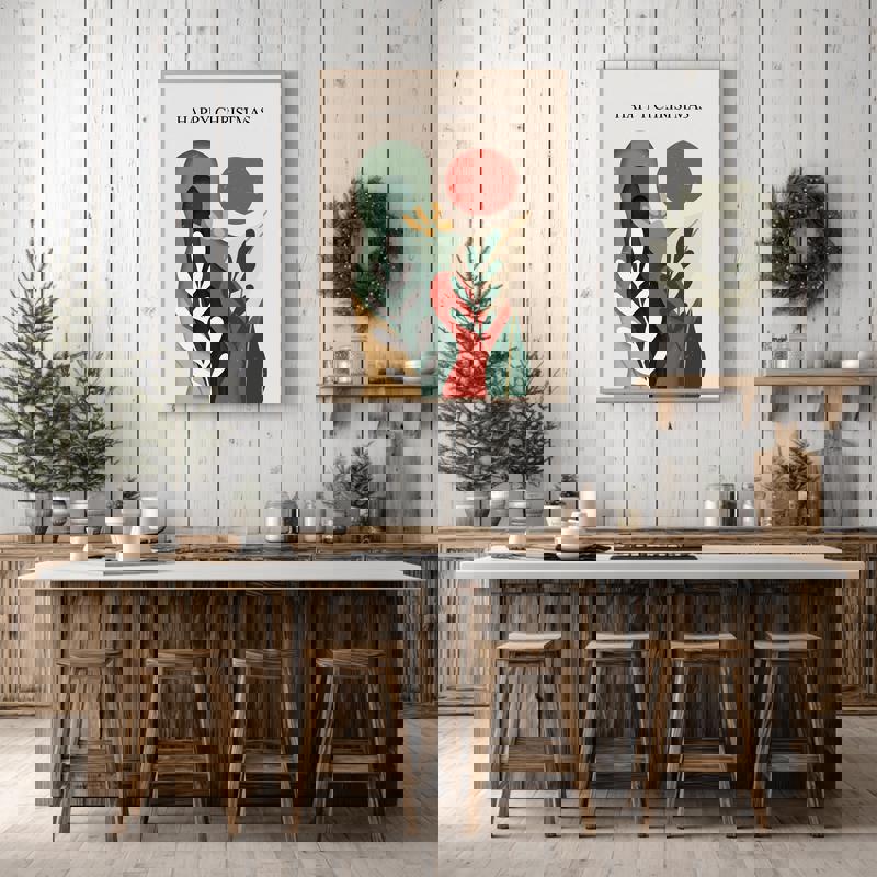 Christmas Leaf Cutout, Minimalist Holiday Abstract Art For Dining Room Canvas