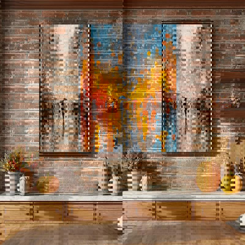 Autumn rain of gratitude abstract cityscape canvas wall art, harvest-season hues and misty skyline for dining room decor