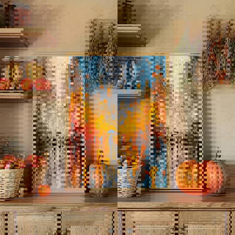 Autumn rain of gratitude cityscape canvas, abstract fall umbrellas and golden leaves, glow for dining room Thanksgiving decor