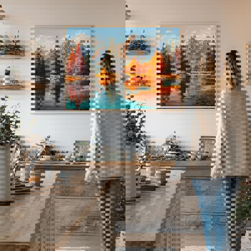 Autumn mountain lake landscape canvas wall art in vertical orientation, misty peaks and pines, elegant for dining room