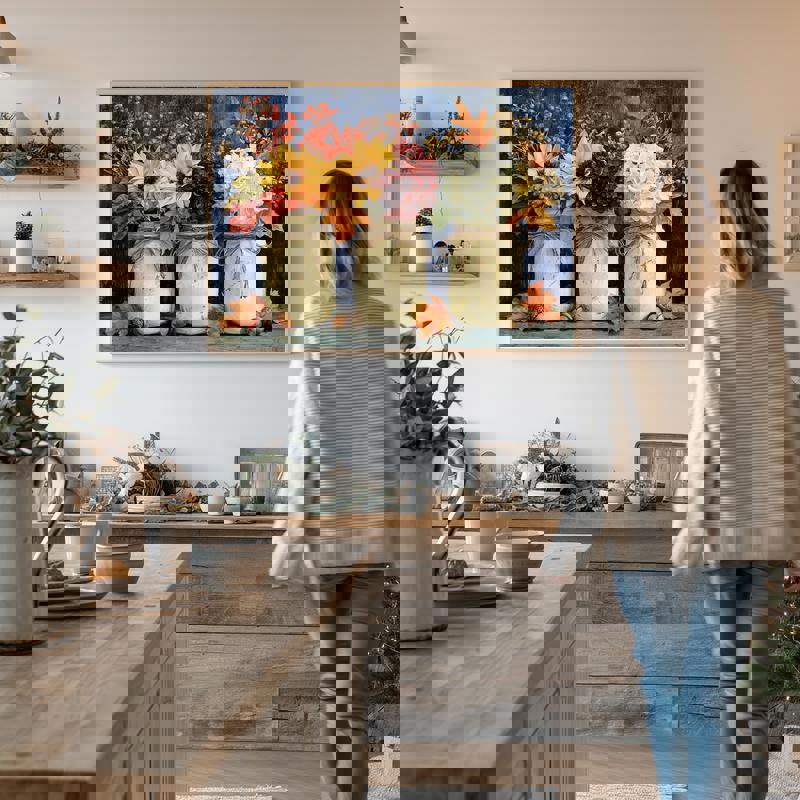 Harvest Trio, Rustic Mason Jar Autumn Bouquet for Dining Room Canvas | Familywalldecor