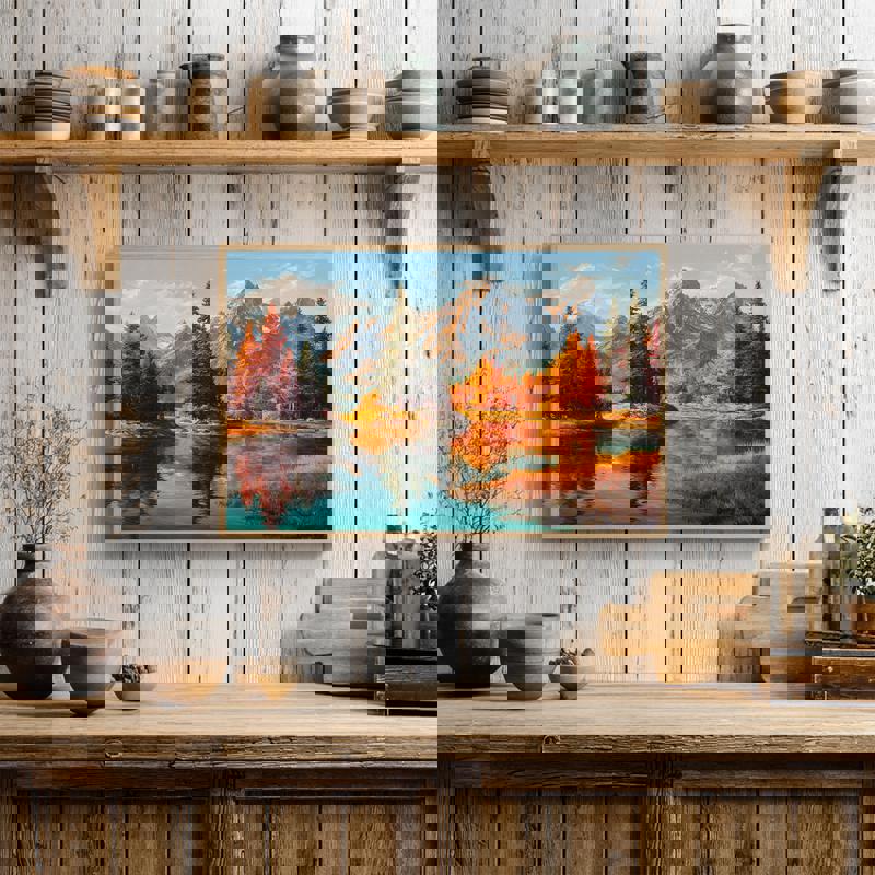 Golden tranquility autumn mountain lake canvas print, warm sunset glow and serene water, refined dining room wall decor