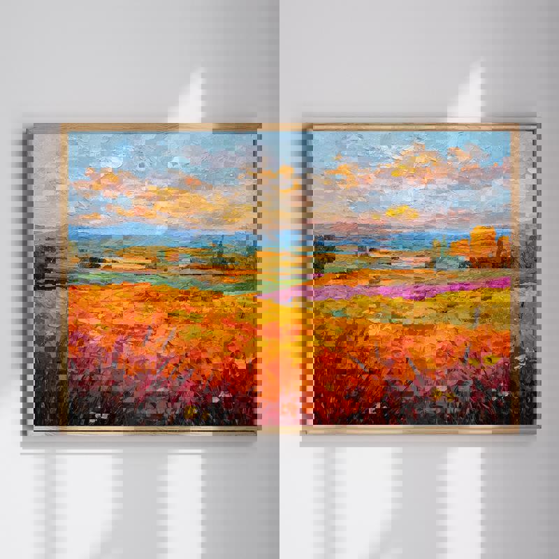 Autumn field canvas wall art for dining room decor, warm harvest tones with rolling meadow and soft golden sky landscape | Familywalldecor