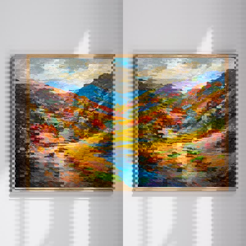 Autumn river trail canvas wall art with bold fall foliage and winding path, ideal dining room decor for a cozy Thanksgiving | Familywalldecor