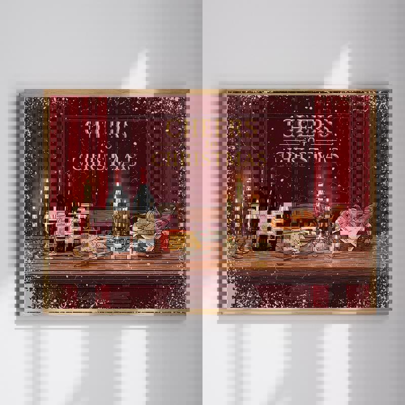 Retro Christmas wine and cheese dining room canvas with vintage lettering, wine glasses, holly accents, and warm red-green palette | Family Wall Decor UK