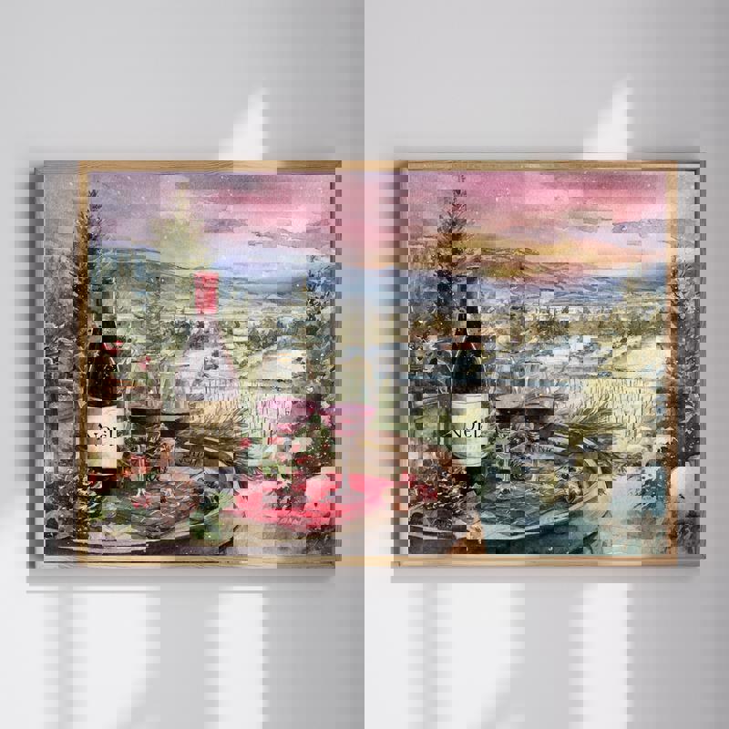 Christmas vineyard sunset canvas for dining room, watercolor vines and wine bottle, warm red-gold palette, landscape | Familywalldecor