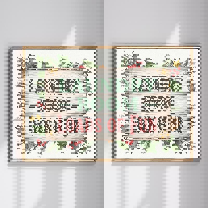 Cozy Christmas laundry room canvas with rustic farmhouse style, wreath and snowflake motifs, landscape art for laundry decor | Familywalldecor