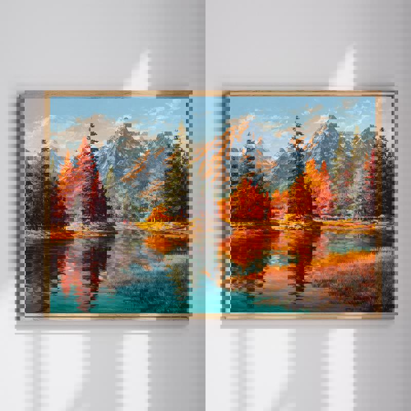 Golden autumn mountain lake landscape canvas wall art with glassy reflections, panoramic horizontal for dining room decor