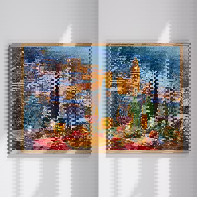 Festive vineyard hills landscape canvas wall art for dining room decor, holiday view with rolling vines in warm tones | Familywalldecor