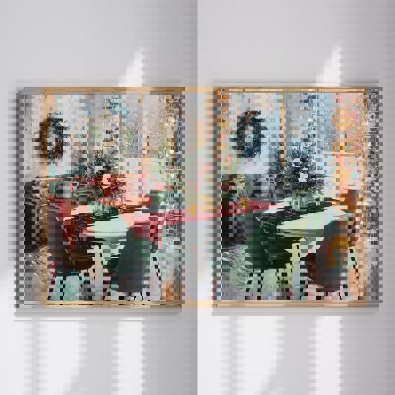 Modern Christmas dining canvas wall art featuring a cozy holiday table setting with candles and greenery, dining room decor | Familywalldecor