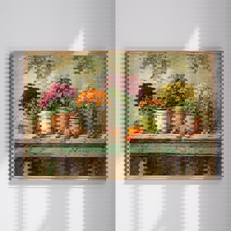 Rustic autumn pots canvas wall art, cozy fall-inspired still life with terracotta vases and foliage for dining room decor | Family Wall Decor