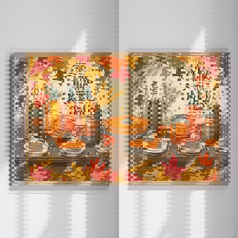 Thanksgiving canvas wall art with rustic dining table, pumpkin pie and red wine in farmhouse style for dining room decor. | Familywalldecor