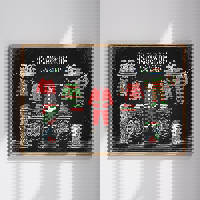Christmas chalkboard laundry room canvas with Santa’s Spin Cycle washer graphic and hand-lettered text and snowflake accents | Familywalldecor