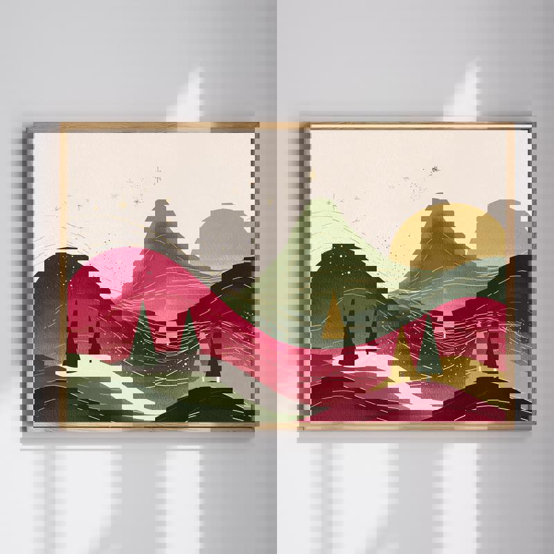 Silent Hills abstract line art dining room canvas, minimalist rolling hills with subtle holiday accents for modern wall decor | Familywalldecor