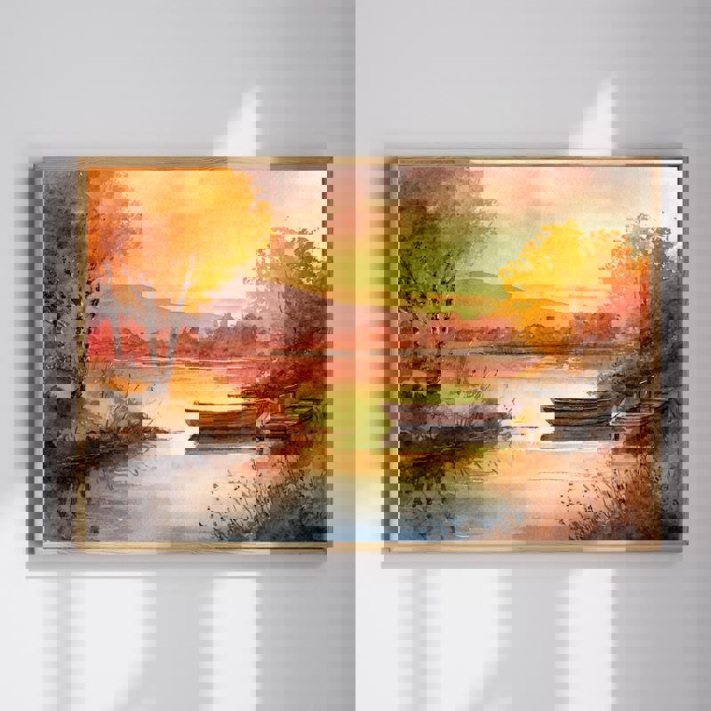 Autumn river landscape canvas with still waters and golden foliage, serene reflections, perfect for dining room wall decor | Familywalldecor