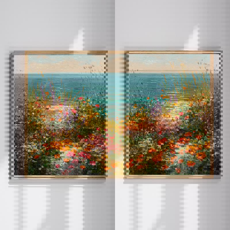 Thanksgiving autumn beachside floral canvas, coastal blooms and warm hues, dining room wall art for fall gatherings | Familywalldecor