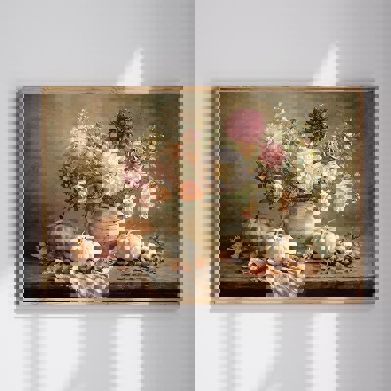 Thanksgiving autumn still life canvas wall art featuring pumpkins and blooms, perfect for dining room fall harvest decor. | Familywalldecor