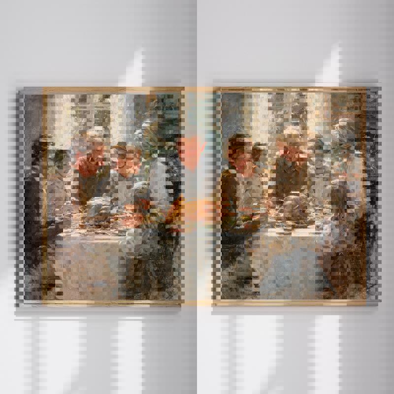 Thanksgiving family feast canvas wall art, warm realistic turkey dinner, candles and fall tones for cozy dining room decor | Familywalldecor