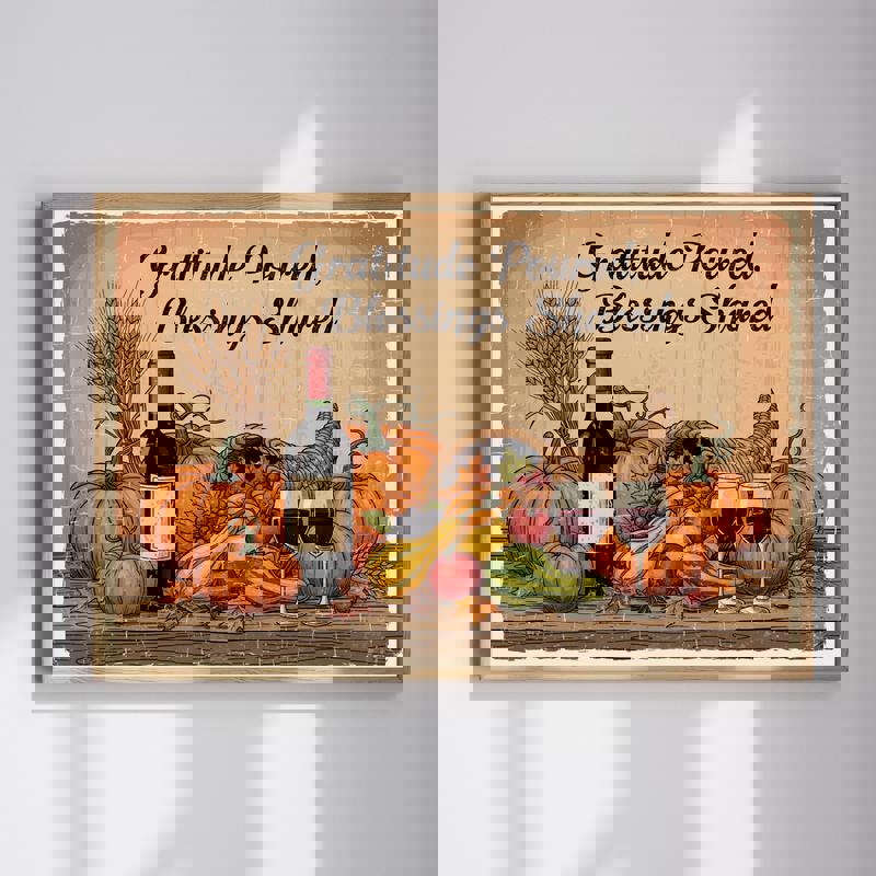 Thanksgiving harvest feast dining room canvas with cornucopia, pumpkins, gourds, and wheat on rustic table, earth tones | Familywalldecor