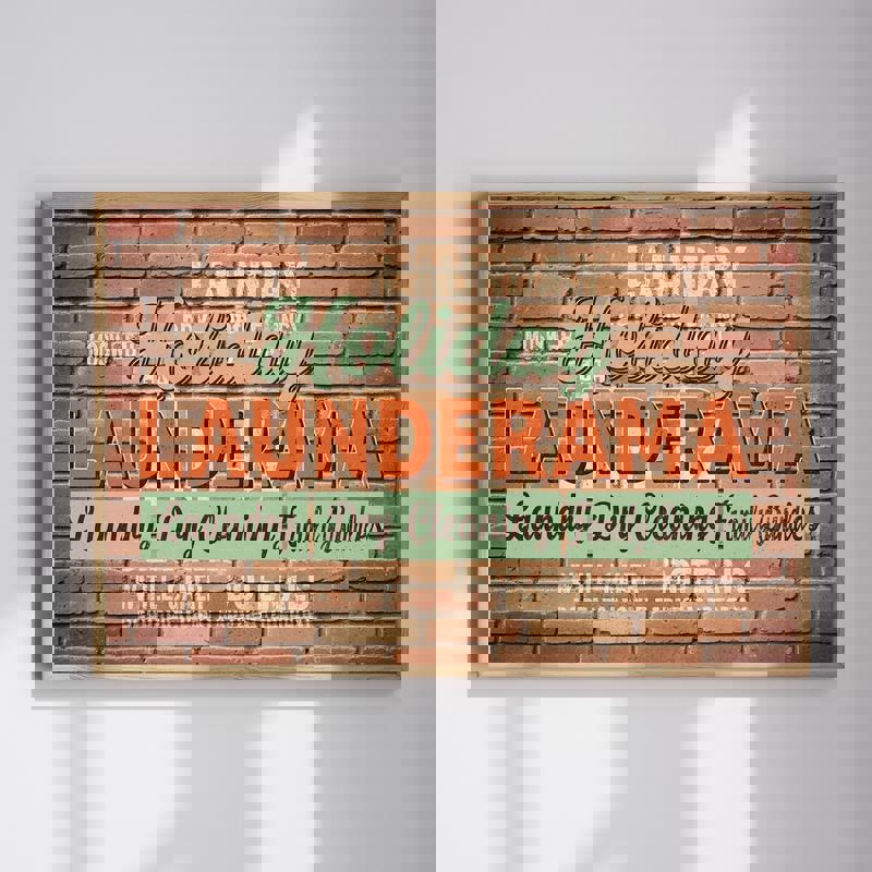 Thanksgiving vintage laundry room canvas with rustic brick wall style, distressed typography, autumn tones for laundry decor | Familywalldecor