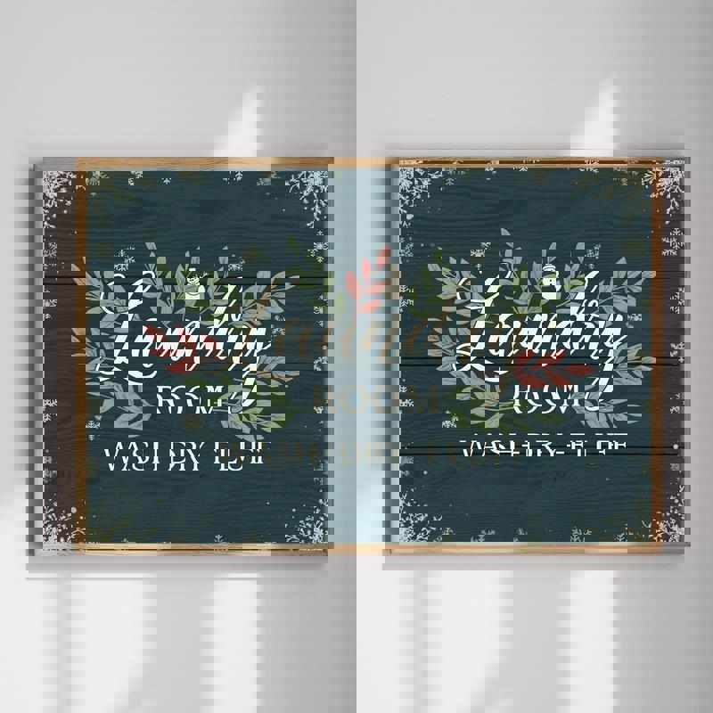 Vintage rustic laundry room canvas wall art with Christmas accents, cozy holiday decor for farmhouse laundry space | Familywalldecor