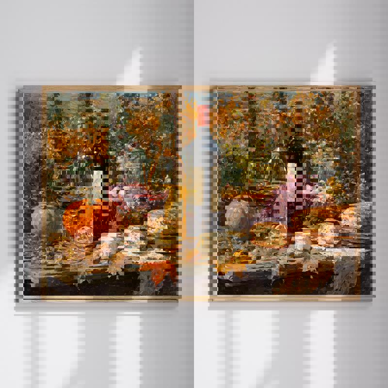 Wine in the Light canvas wall art still life with wine bottle and glass in golden light, autumn tones for dining room decor | Familywalldecor