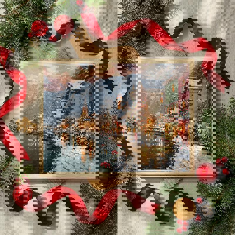 Festive Reflections, A Coastal Winter Townfor Dining Room Canvas | Familywalldecor