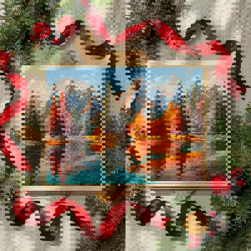 Autumn mountain lake landscape canvas art, minimalist style with muted gold tones and still water, for dining room decor