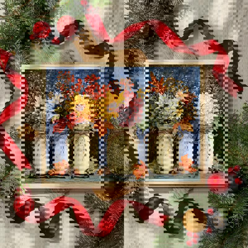 Harvest Trio, Rustic Mason Jar Autumn Bouquet for Dining Room Canvas