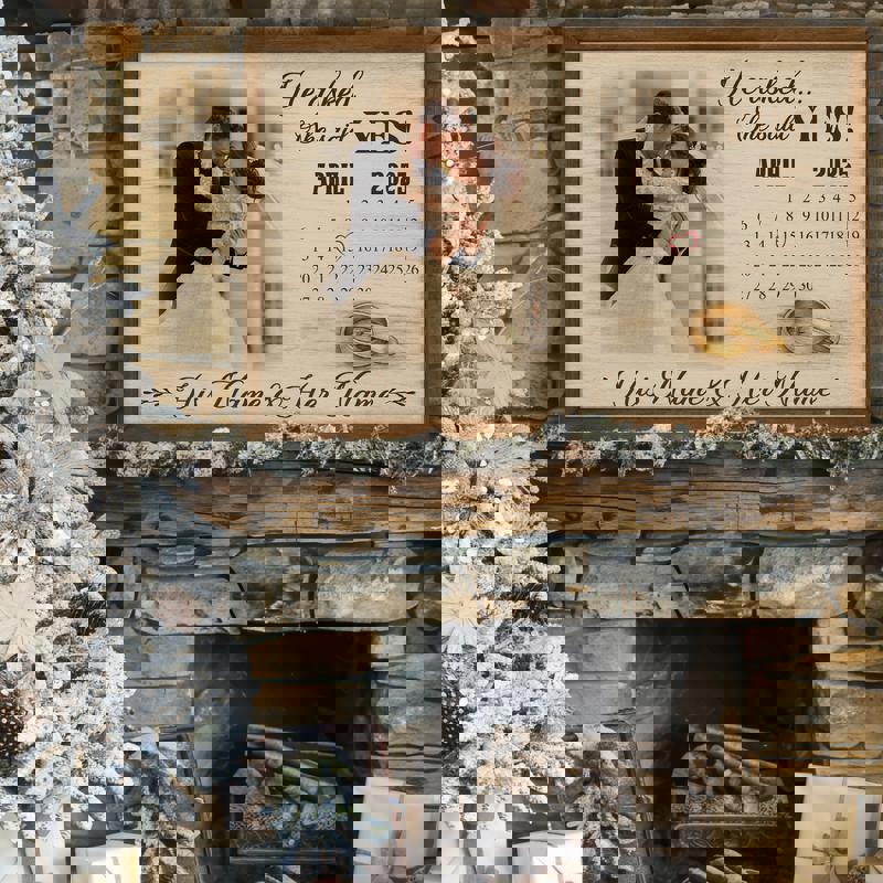 Engagement proposal canvas print, gallery-wrapped rustic calendar art with ring icon, personalized names and date for engagement gift