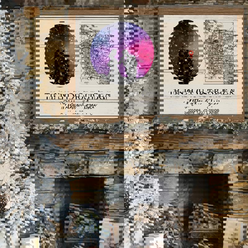 Personalized constellation star map canvas marking your first night, custom names, date, coordinates, black sky, gold accents