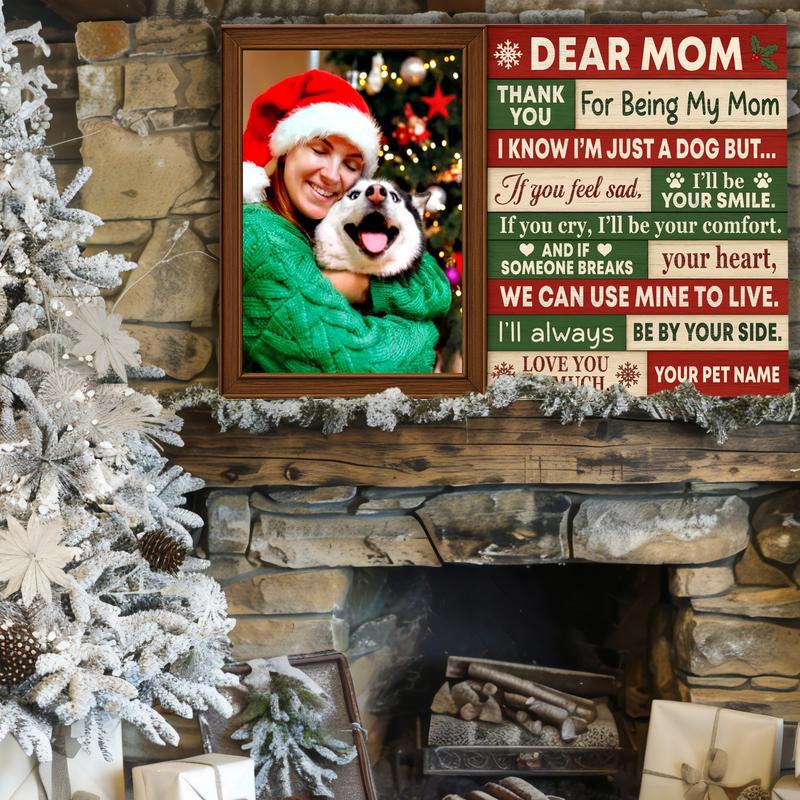 Dog mom Christmas canvas, personalized pet photo wall art with watercolor pines, string lights, and custom names; mantel decor