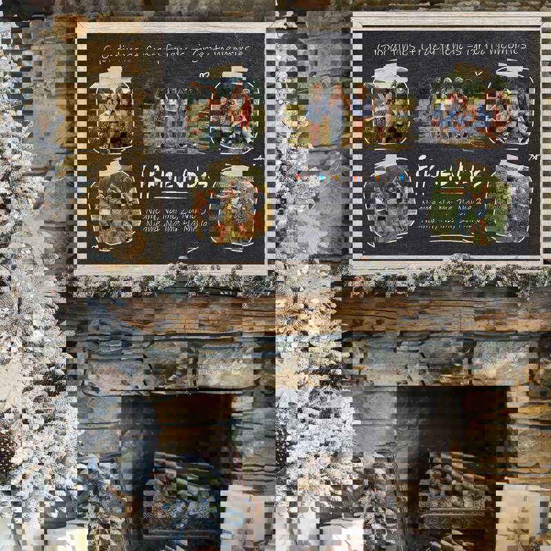 Friends memories Polaroid collage canvas, rustic farmhouse chalkboard theme, custom date and title, nine-photo grid layout