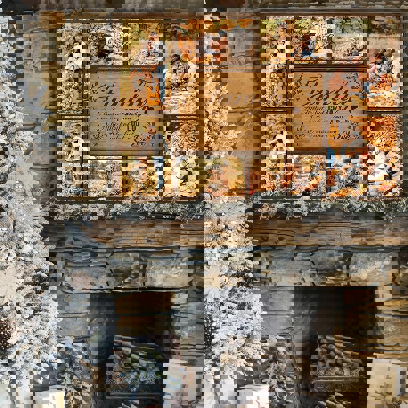 Rustic farmhouse family quote canvas with personalized photo collage, leaf accents, cozy fall touch for Thanksgiving decor.