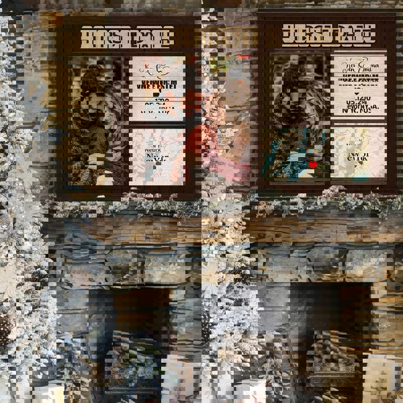 Where We First Met map canvas, black and white minimalist, personalized names and date, farmhouse home decor, engagement gift