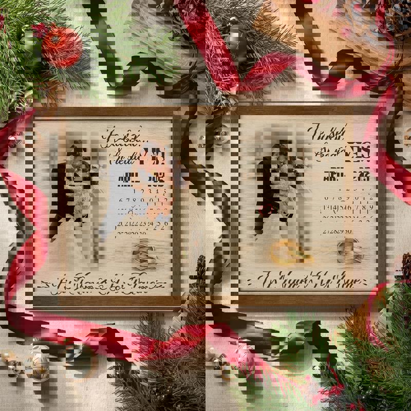 Engagement proposal canvas print featuring rustic kraft calendar, custom names and proposal date, thoughtful gift for the newly engaged