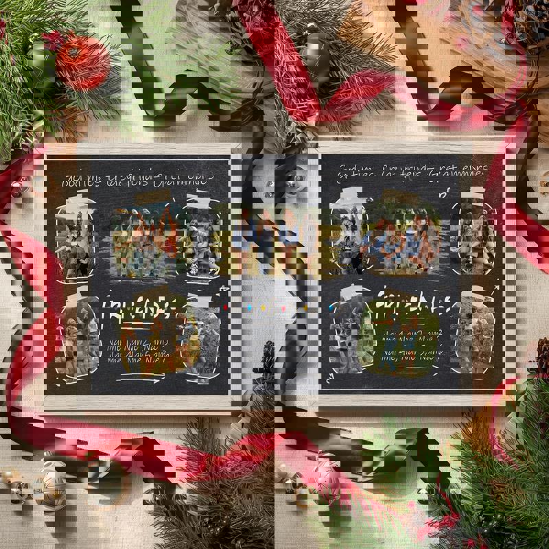 Custom friends photo collage canvas, chalkboard and Polaroid mix, neutral tones, heart sketch, thoughtful housewarming gift