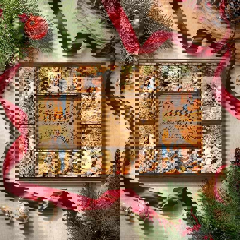 Rustic farmhouse family quote canvas with personalized photo collage, vertical design for hallway stairway gallery.