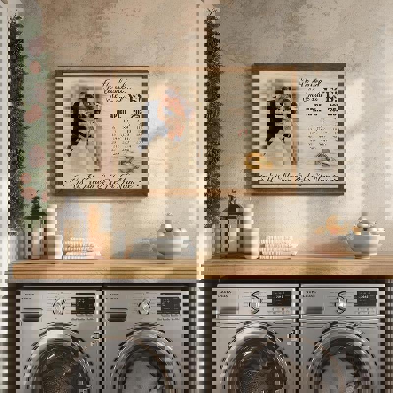 Engagement proposal canvas print with 'He Asked, She Said Yes' header, classic serif calendar, personalized names and wedding date