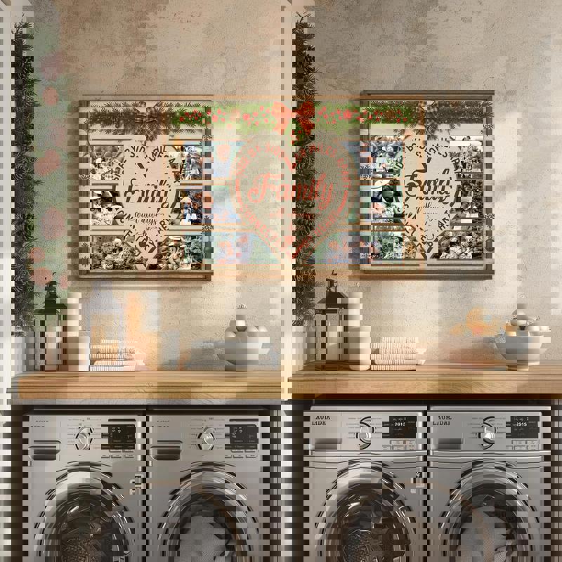 Rustic farmhouse Christmas canvas with custom family name, long‑distance locations and hearts, red and green garland