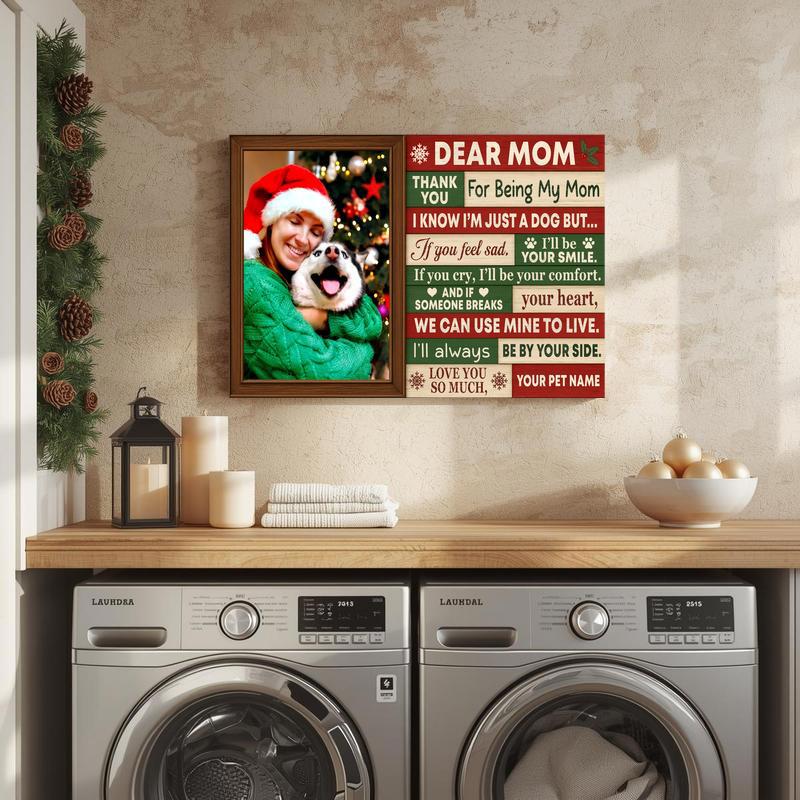 Dog mom Christmas canvas, personalized pet photo wall art on black background with gold accents and name; minimalist style
