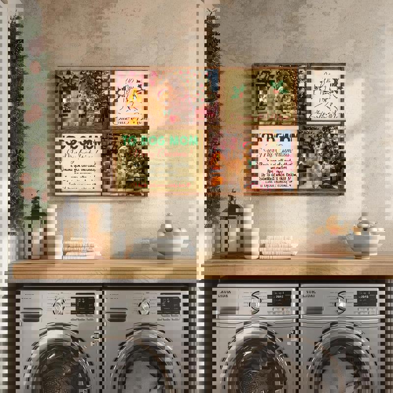 Dog & mom photo collage canvas with custom pictures and names, rustic look, living room holiday decor and gift for dog mom Dog & mom photo collage canvas with custom pictures and names, rustic look, living room holiday decor and gift for dog mom