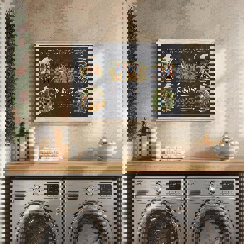 Rustic farmhouse friends collage canvas, chalkboard backdrop with taped shots, personalized header and captions, landscape