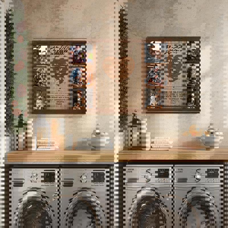 Step dad puzzle piece canvas wall art custom kids’ names, neutral linen texture background, rustic farmhouse vibe, landscape