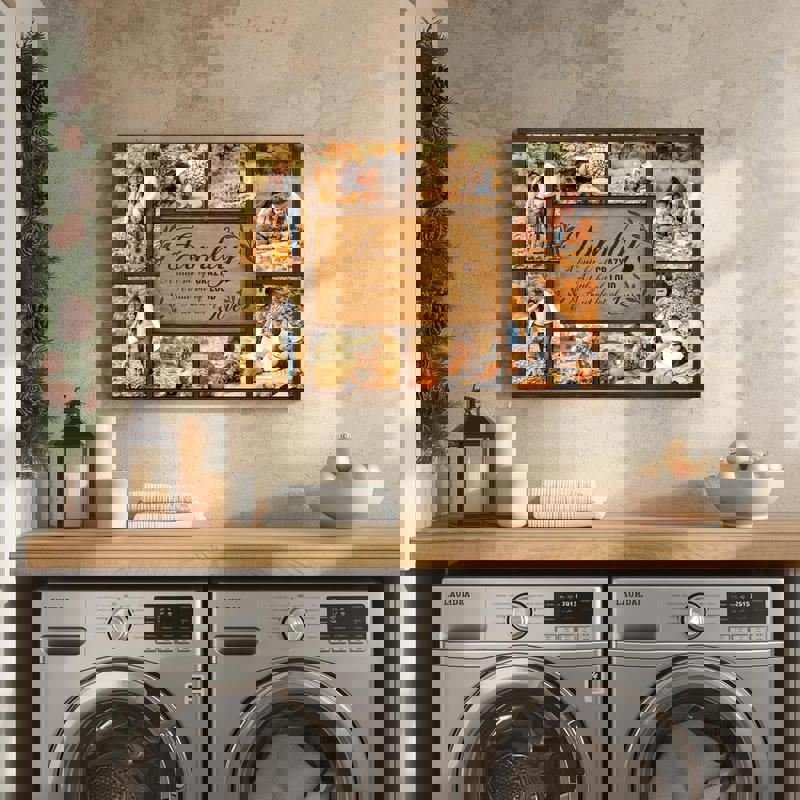 Rustic farmhouse photo collage canvas with heartfelt family quote, personalized with names, charming housewarming gift for fall.