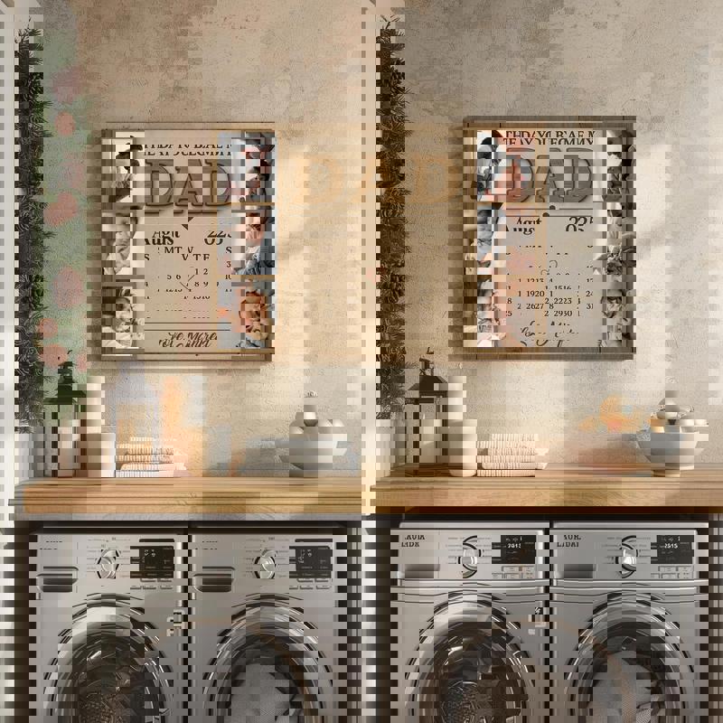 The Day You Became My Daddy canvas, sepia photo collage with custom calendar date, keepsake gift for a first-time dad