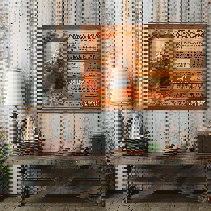 Custom dog portrait canvas, autumn leaf pile backdrop, minimalist layout, personalized photo art for modern farmhouse