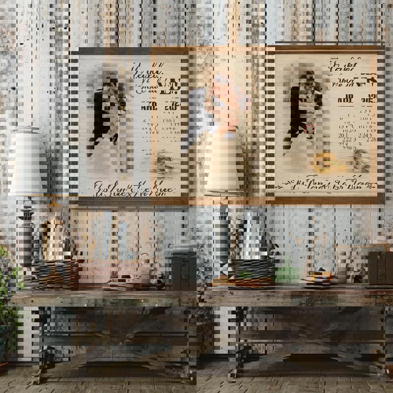 Engagement proposal canvas print, farmhouse chalkboard-style calendar with circled date, custom couple names, ideal engagement party gift