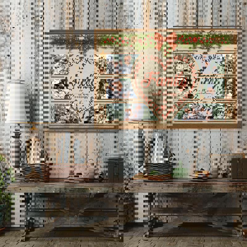 Rustic farmhouse Christmas canvas showcasing custom family name, dates, and long‑distance locations joined by hearts, keepsake