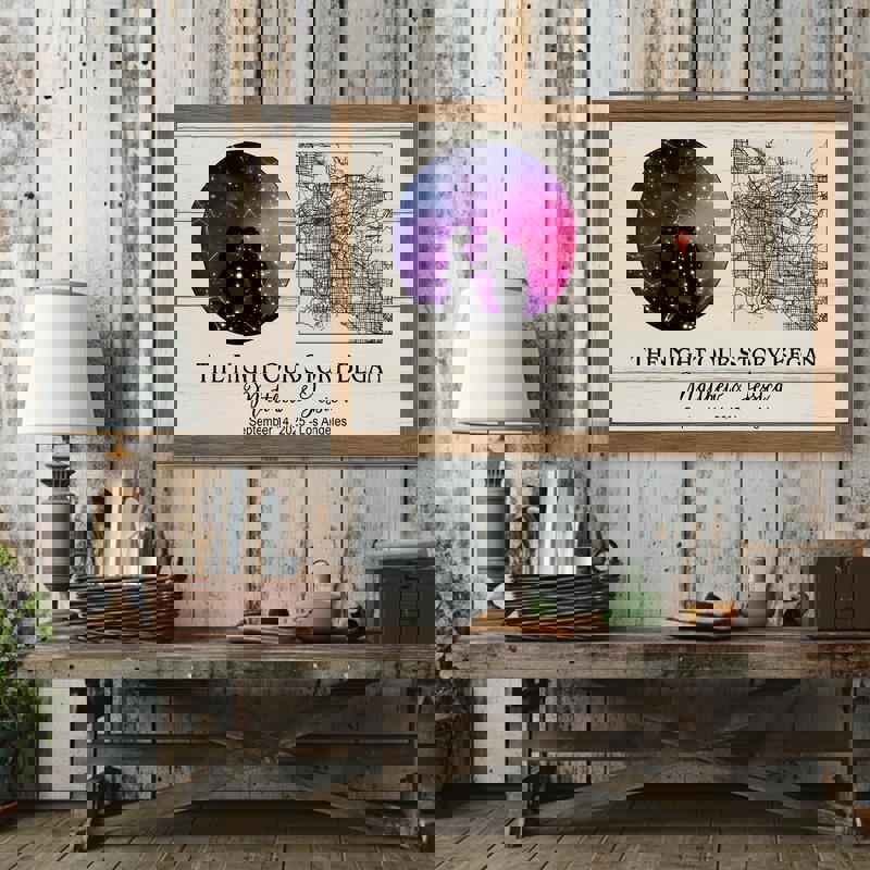 Personalized constellation star map canvas, custom names, date, coordinates, slate gray background, landscape, minimalist